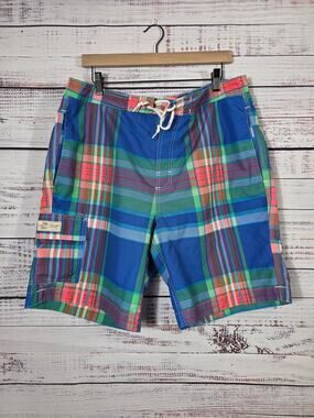 Chap's Men's Plaid Swim Trunks Board Shorts Blue Green Cargo Pocket Drawstring L